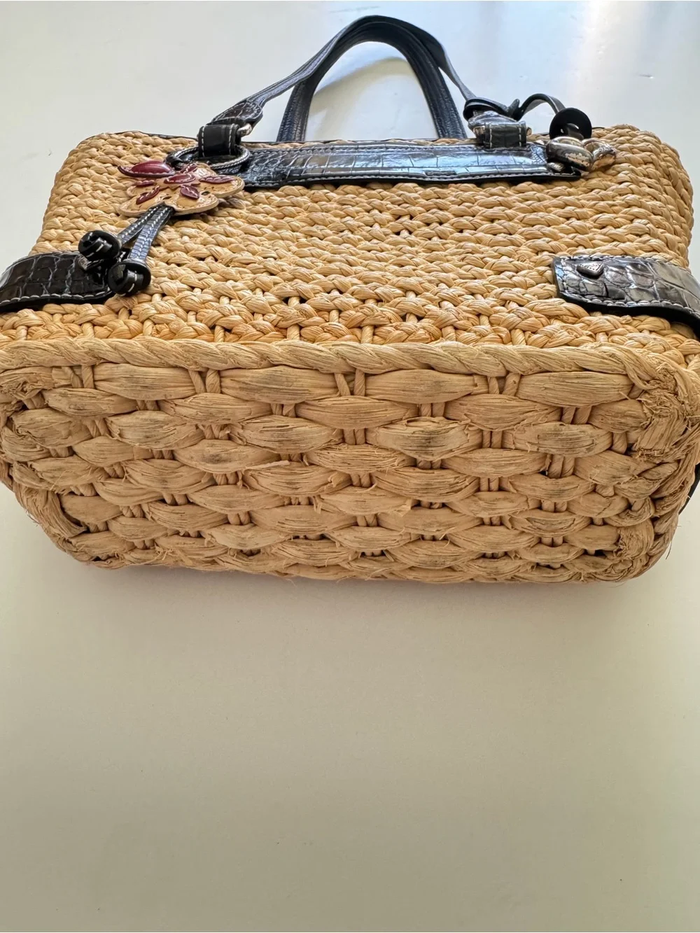 Brighton Cody Tan Woven Straw Shoulder Bag with Black Trim